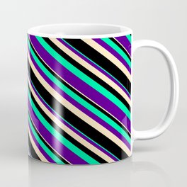 [ Thumbnail: Green, Indigo, Beige, and Black Colored Striped Pattern Coffee Mug ]