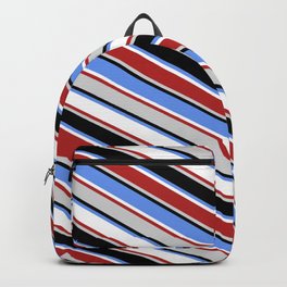 [ Thumbnail: Eyecatching Cornflower Blue, White, Red, Light Gray & Black Colored Lined/Striped Pattern Backpack ]