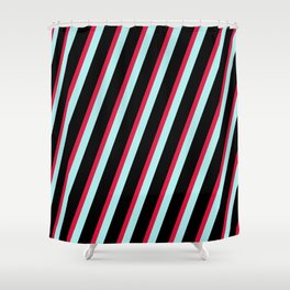 [ Thumbnail: Crimson, Turquoise & Black Colored Stripes Pattern Shower Curtain ]