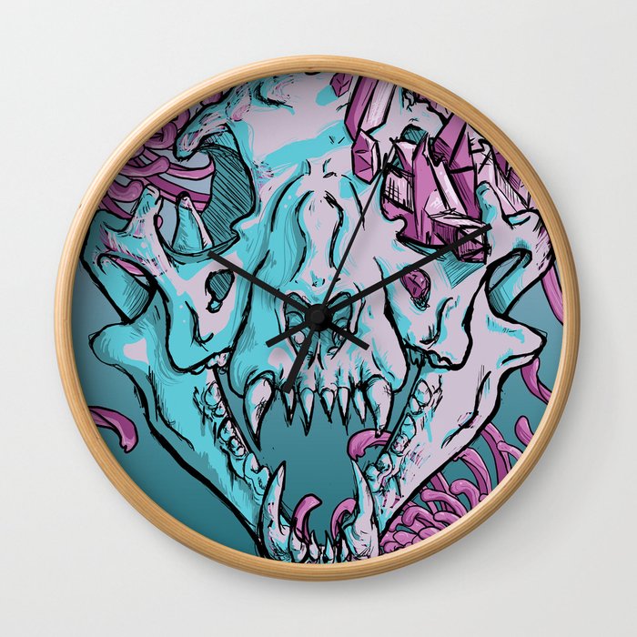 Cougar Skull With Chrysanthemums Wall Clock