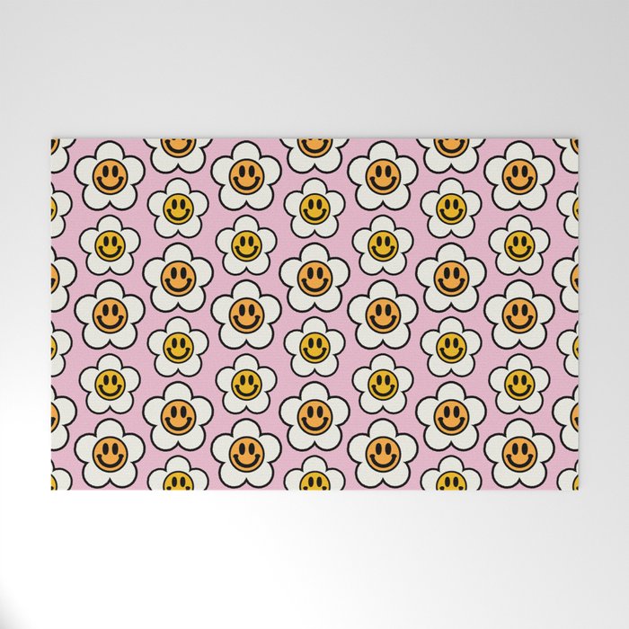 Bold And Funky Flower Smileys Pattern (Pink BG) Welcome Mat