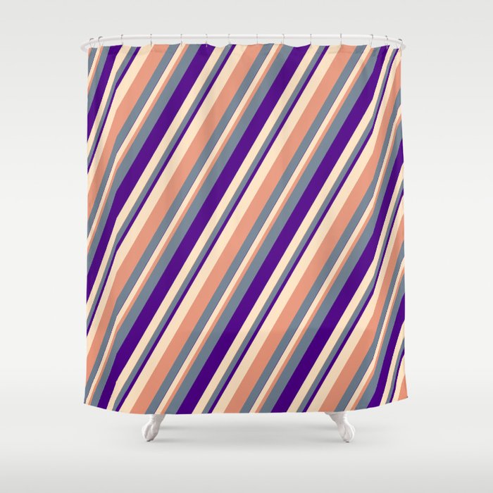 Slate Gray, Indigo, Bisque & Dark Salmon Colored Stripes/Lines Pattern Shower Curtain