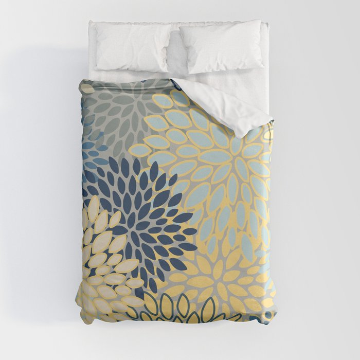Floral Print, Yellow, Gray, Blue, Teal Duvet Cover