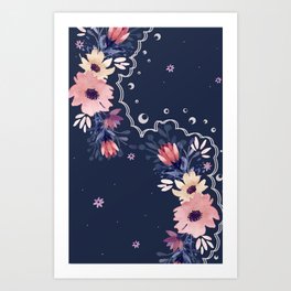 Watercolour pink flowers with navy background  Art Print