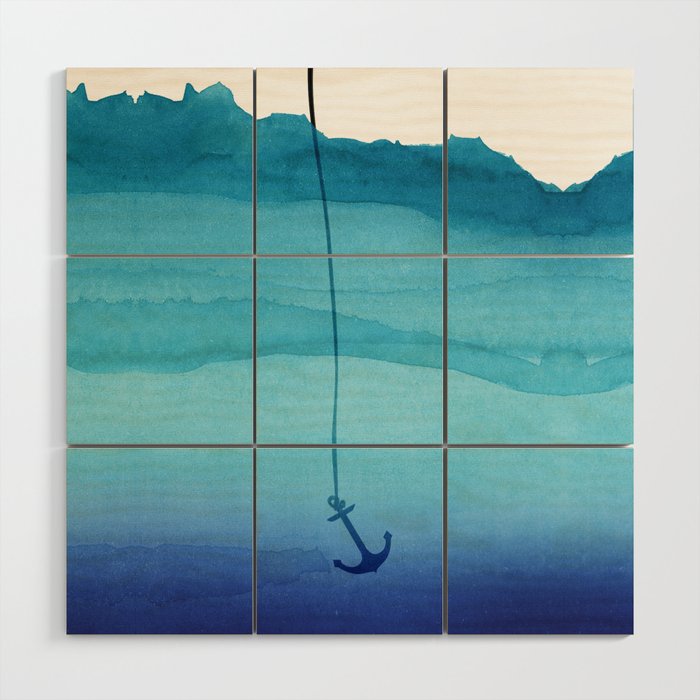 Cute Sinking Anchor in Sea Blue Watercolor Wood Wall Art