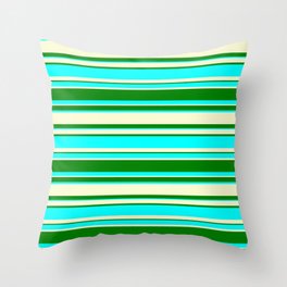 [ Thumbnail: Light Yellow, Green, and Aqua Colored Lined Pattern Throw Pillow ]