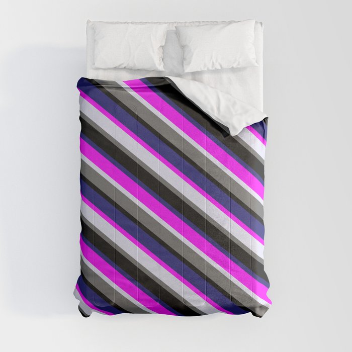 Vibrant Midnight Blue, Fuchsia, Lavender, Dim Gray, and Black Colored Striped/Lined Pattern Comforter
