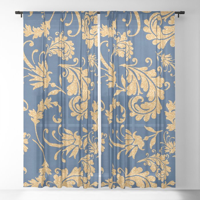 Gold on Blue Pattern Sheer Curtain