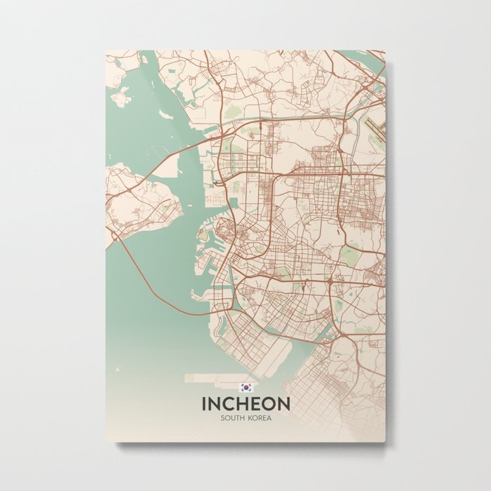 Incheon, South Korea Vintage City Map Metal Print by IMR Designs