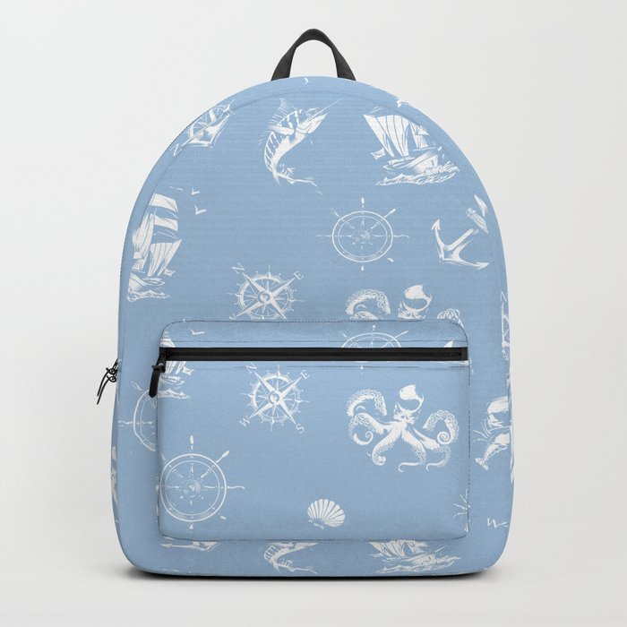 Pale Blue And White Silhouettes Of Vintage Nautical Pattern Backpack