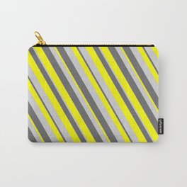 [ Thumbnail: Dim Grey, Yellow & Light Gray Colored Stripes/Lines Pattern Carry-All Pouch ]