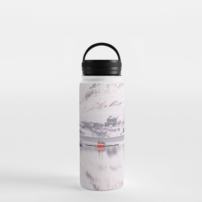 Arctic Reflections Photo | Winter Mountain Landscape in the Kaldfjord Art Print | Norway Snow Travel Photography Water Bottle