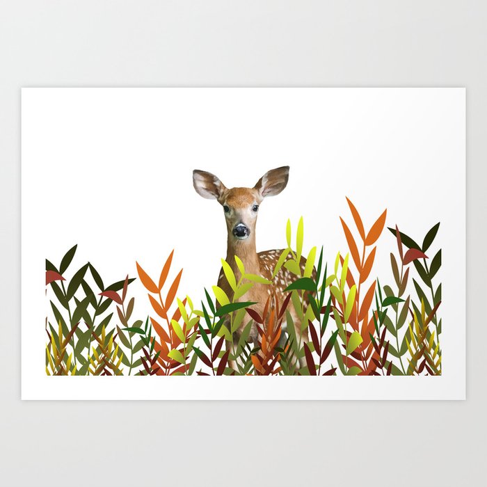 Deer with grass leaves Art Print