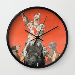 Circus, Poster, Vintage, Clown, Pig, Dogs, Animals. Vintage. Retro. Illustration.  Wall Clock