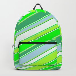 [ Thumbnail: Colorful Sea Green, Mint Cream, Lime, Light Blue, and Light Green Colored Striped/Lined Pattern Backpack ]
