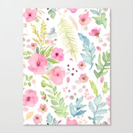 Watercolor Blush Pink Flowers Berries and Ferns Floral Pattern Canvas Print