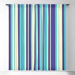 [ Thumbnail: Dark Slate Blue, Turquoise & Light Yellow Colored Striped/Lined Pattern Blackout Curtain ]