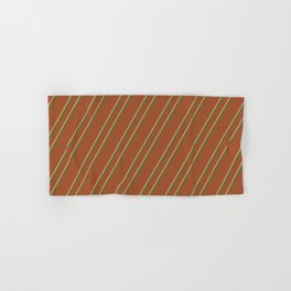 [ Thumbnail: Sienna, Light Coral & Forest Green Colored Stripes Pattern Hand & Bath Towel ]