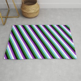 [ Thumbnail: Eye-catching Dark Orchid, White, Light Sky Blue, Forest Green, and Black Colored Stripes Pattern Rug ]