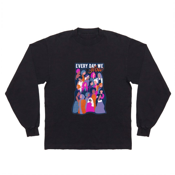 Every day we glow International Women's Day // midnight navy blue background violet purple curious blue shocking pink and orange copper humans  Long Sleeve T Shirt