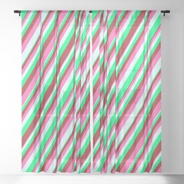 [ Thumbnail: Green, Brown, Hot Pink & Light Cyan Colored Striped Pattern Sheer Curtain ]