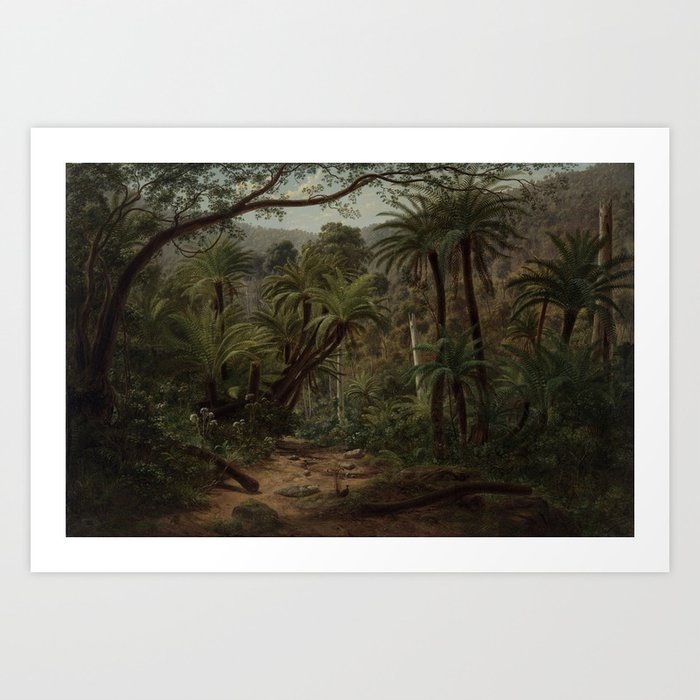 Ferntree and Palms, Tropical Gully landscape portrait by Eugene von Guerard Art Print