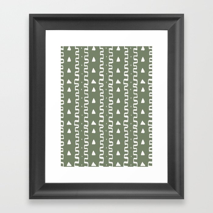 Merit Mud Cloth Olive Green and White Triangle Pattern Framed Art Print