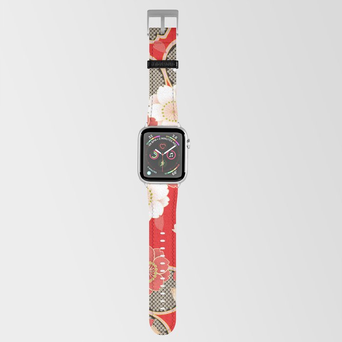 Japanese Vintage Red Black White Floral Kimono Pattern Apple Watch Band