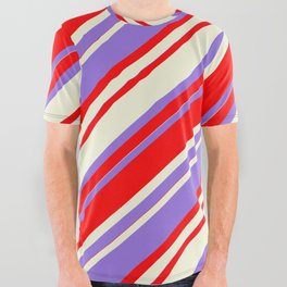 [ Thumbnail: Purple, Red, and Beige Colored Striped Pattern All Over Graphic Tee ]