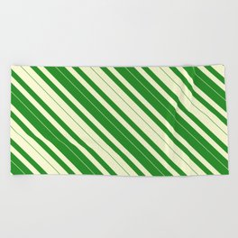 [ Thumbnail: Light Yellow & Forest Green Colored Lined/Striped Pattern Beach Towel ]