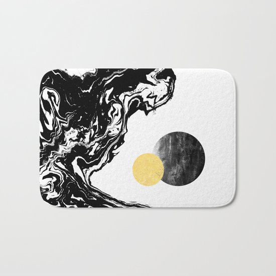 Eugenia - abstract mixed media black white gold foil sunrise sunset painting earth galaxy space sea Bath Mat