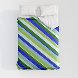 [ Thumbnail: Eye-catching Green, Light Cyan, Dark Green, Blue & Sky Blue Colored Lines/Stripes Pattern Comforter ]