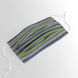 [ Thumbnail: Midnight Blue, Grey & Green Colored Lines/Stripes Pattern Face Mask ]
