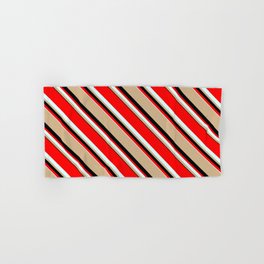[ Thumbnail: Red, Light Cyan, Tan, and Black Colored Lines/Stripes Pattern Hand & Bath Towel ]