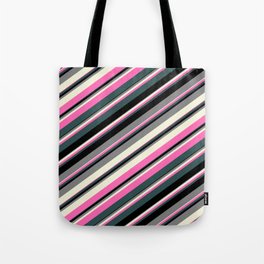 [ Thumbnail: Grey, Beige, Hot Pink, Dark Slate Gray, and Black Colored Lines/Stripes Pattern Tote Bag ]