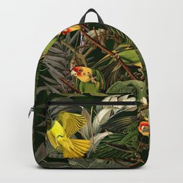 Floral and Birds XXXVI Backpack | Pattern, Romantic, Vintage, Painting, Green, Night, Exotic, Curated, Digital, Parrot 