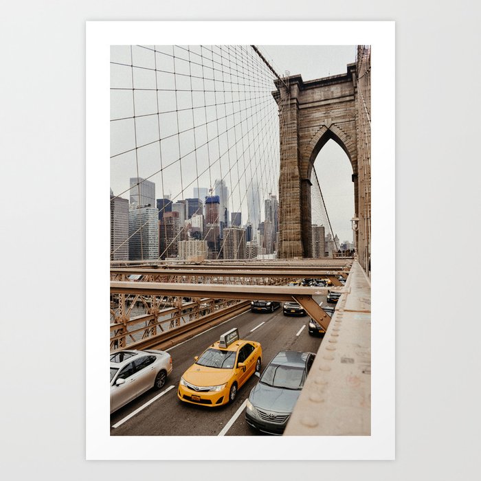 View on the manhatten from the Brooklyn Bridge in New York City, USA | New York City yellow caps driving | Travel photography | NY building architecture photo Art Print  Art Print