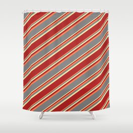 [ Thumbnail: Coral, Grey, Pale Goldenrod, and Red Colored Striped Pattern Shower Curtain ]