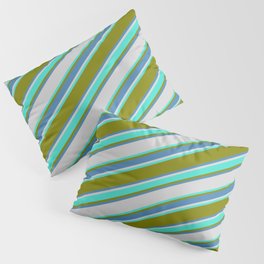 [ Thumbnail: Green, Blue, Light Gray & Turquoise Colored Striped Pattern Pillow Sham ]
