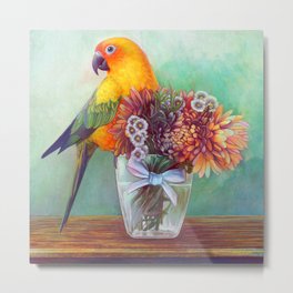 Sun conure and flowers Metal Print | Parrot, Wildlife, Sunflower, Vintage, Exoticanimal, Crazybirdlady, Conure, Digital, Petbird, Sunconure 