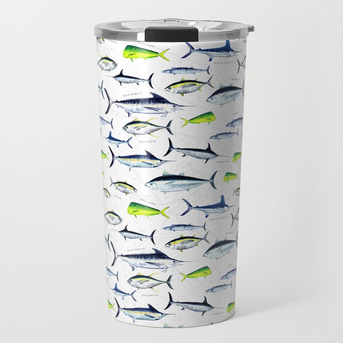 Tuna, Marlin, Wahoo, Swordfish, Mahi-Mahi Hand Illustrated Sport Fish Pattern; Desaturated Color, Ocean Chart Travel Mug