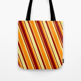 [ Thumbnail: Tan, Dark Orange, and Dark Red Colored Lined Pattern Tote Bag ]