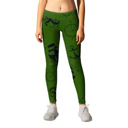 Green And Blue Silhouettes Of Vintage Nautical Pattern Leggings