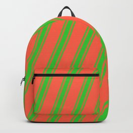 [ Thumbnail: Red and Lime Green Colored Striped Pattern Backpack ]