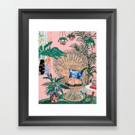 Ginger Cat in Peacock Chair with Indoor Jungle of House Plants Interior Painting Framed Art Print