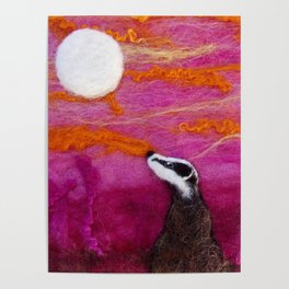Pink Moon Badger, sunset textile art, wool painting by The Wonky Fox Poster
