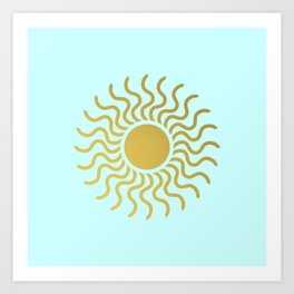 Sun in Splendour Gold on Pale Blue Green Art Print | Abstract, Graphicdesign, Geometric, Summer, Sun Rays, Minimalist, Sunshine, Yellow, Metallic Effect, Sun Motif 