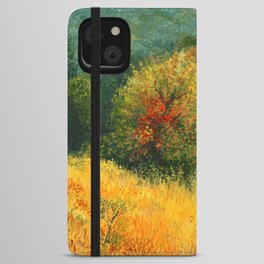 An oil painting on canvas of a seasonal autumn rural landscape with colorful old pear tree, growing alone on a bright sunny meadow near the forest iPhone Wallet Case