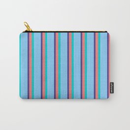 [ Thumbnail: Dark Turquoise, Light Coral, Dark Slate Blue, Light Sky Blue & White Colored Pattern of Stripes Carry-All Pouch ]