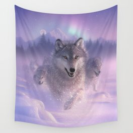 Wolf Pack Running - Northern Lights Wall Tapestry